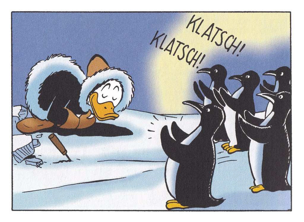 Donald Duck verbeugt sich vor klatschenden Pinguinen
